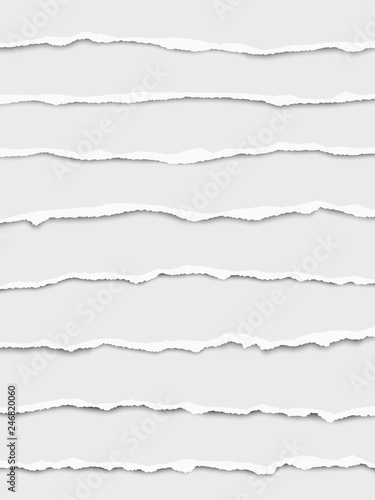 Oblong torn white paper wisps placed one under another with soft shadow. Vector paper mock up.