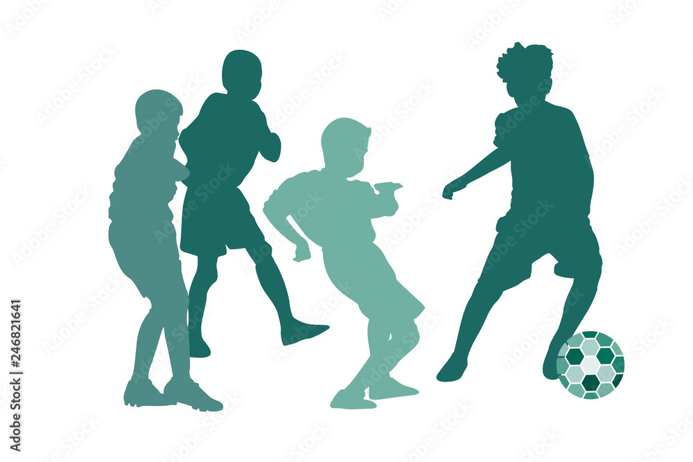 vector green silhouettes of boys playing soccer or football
