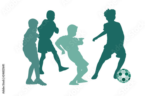 vector green silhouettes of boys playing soccer or football
