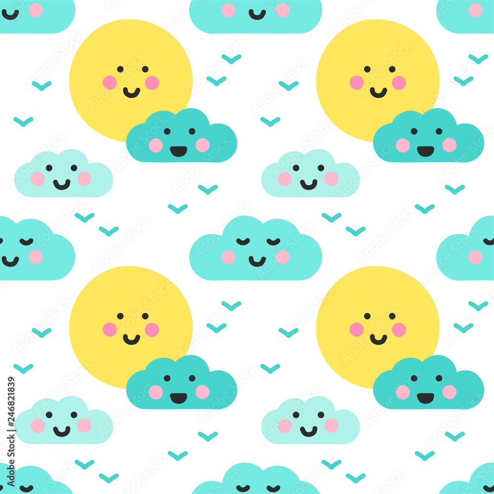 Fototapeta premium Cute Kawaii Clouds and Sun in the Sky with Funny Faces Seamless pattern