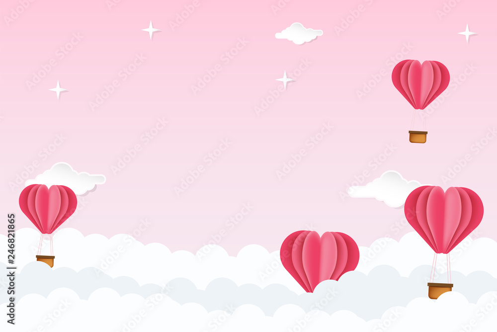 Happy Valentine's day, pink background in paper cut flat origami style. Heart shape hot air balloon flying caring greeting banner text above the clouds. For banner, poster, wallpaper, invitation.