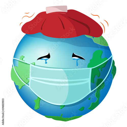 planet earth get sick and cry with ice bag ,mask,vector