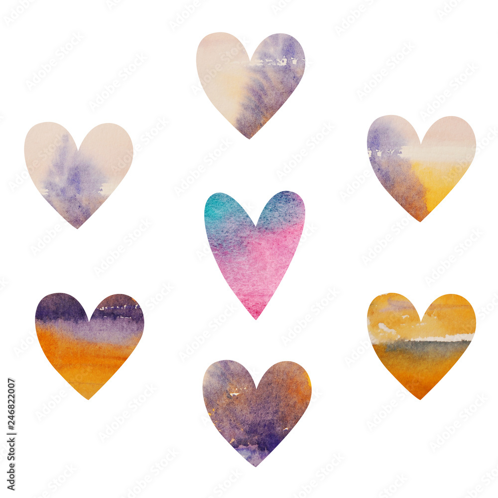 multicolored watercolor set of hearts on white background for Valentines day or Wedding