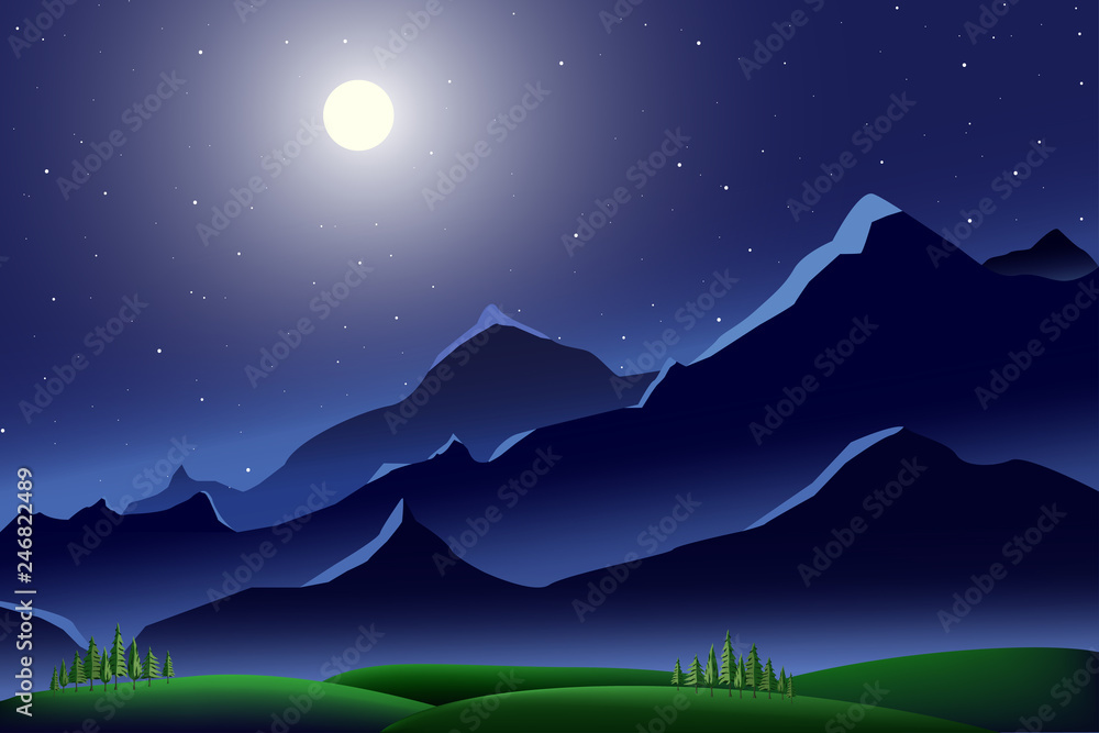 night mountains landscape with starry night sky against beauty full moon and grass fields,pine tree ,vector