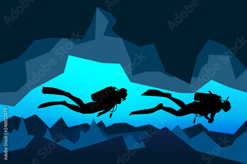 scuba divers underwater in the deep cave, vector
