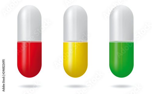 Medicine pills. Pain treatment capsule pill and pharmaceutical tablet drug chemical science close-up vector set isolated