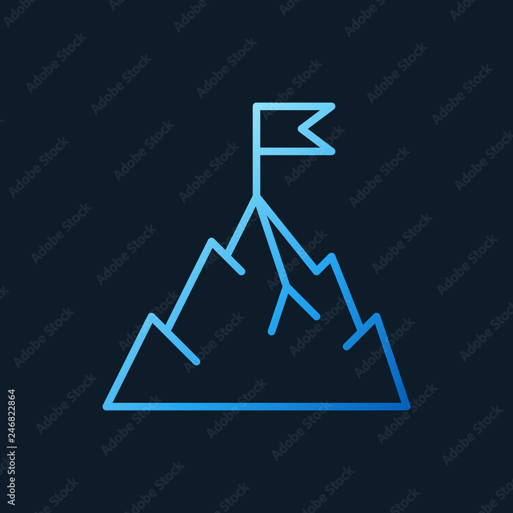 Mountain with flag vector blue outline icon or logo element on dark background Mountain with flag vector blue outline icon or logo element on dark background