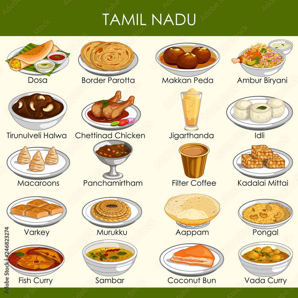 Illustration Of Delicious Traditional Food Of Tamil Nadu India Vector 