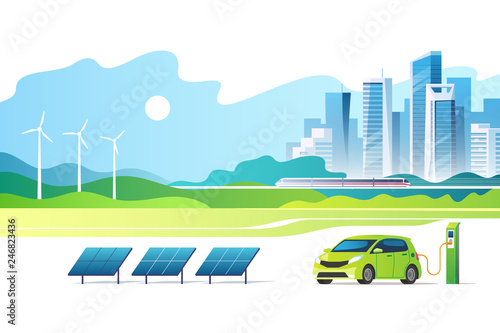 Concept of renewable energy. Green city. Urban landscape with a solar panels, electric car charger station and wind turbines. Vector illustration.