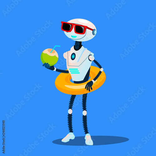 Robot On Vacation With Inflatable Circle And Cocktail Vector. Isolated Illustration