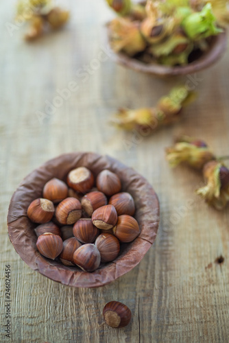 Top view photo composition of just harvested whole hazelnuts with shells in a plate of dried leaves on the rustic wooden board. Selective focus. 2