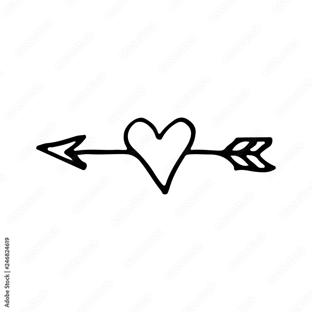 Plakat Cute cartoon hand drawn heart icon. Sweet vector black and white heart icon. Isolated monochrome doodle heart icon on white background.