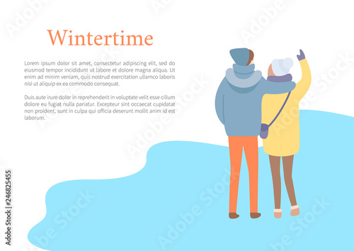 Standing in wintertime man embracing woman in hat and jacket with bag and colorful trousers. Back view of couple outdoor, papercard with text vector