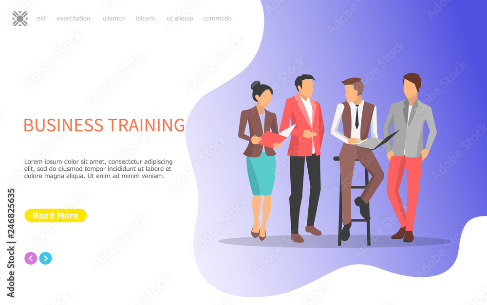 Business training seminars with workers, talking part at conference discussions and competitions. Men and women in office style standing with papers vector