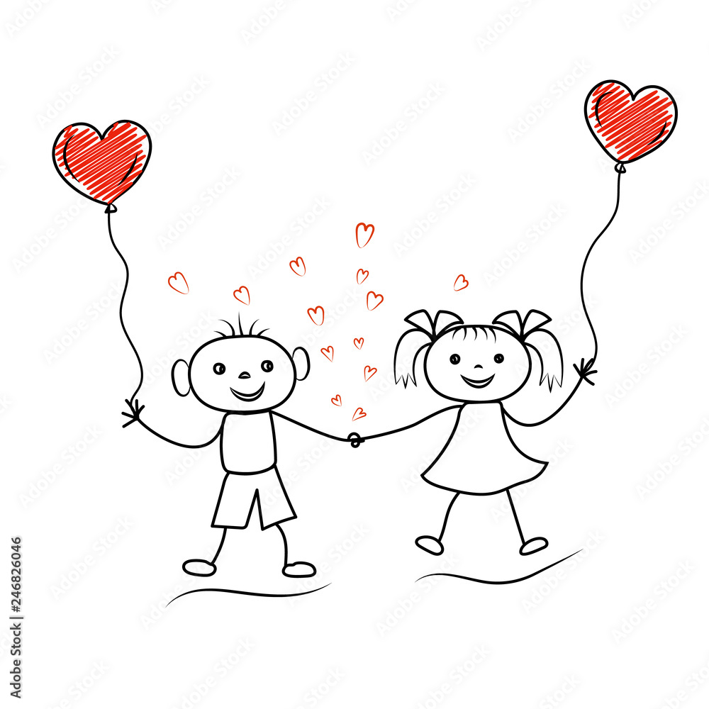 Valentines day stick man boy and girl in love holding hands with heart shaped balloons Valentines day stick man boy and girl in love holding hands with heart shaped balloons