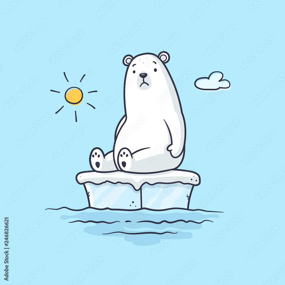 Global warming with sad polar bear sitting on ice floating on the water  vector cartoon illustration Stock Vector | Adobe Stock