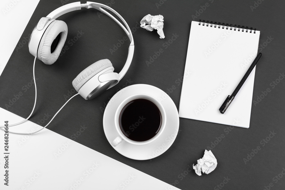 Black and white composition with stylish headphones, flat lay - obrazy, fototapety, plakaty 