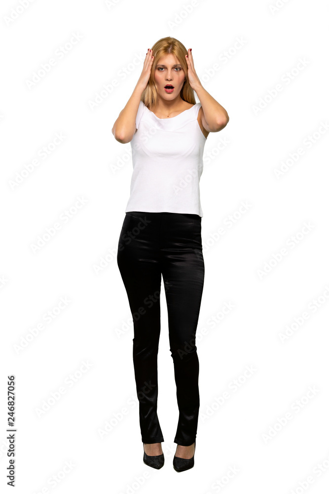 Young blonde woman surprised and shocked while looking right over isolated white background Young blonde woman surprised and shocked while looking right over isolated white background