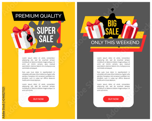Big sale only this weekend prices off vector web templates. Giftbox with ribbon, presents and gift in box. Special discounts and new offers, super price