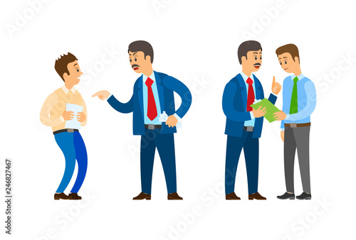 Boos leader of company talking to office workers vector. People working in business, director giving official reprimand, rebuke to novice with report.
