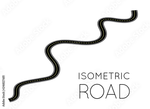 Isometric highway, curved road with markings. 3D vector illustration on white