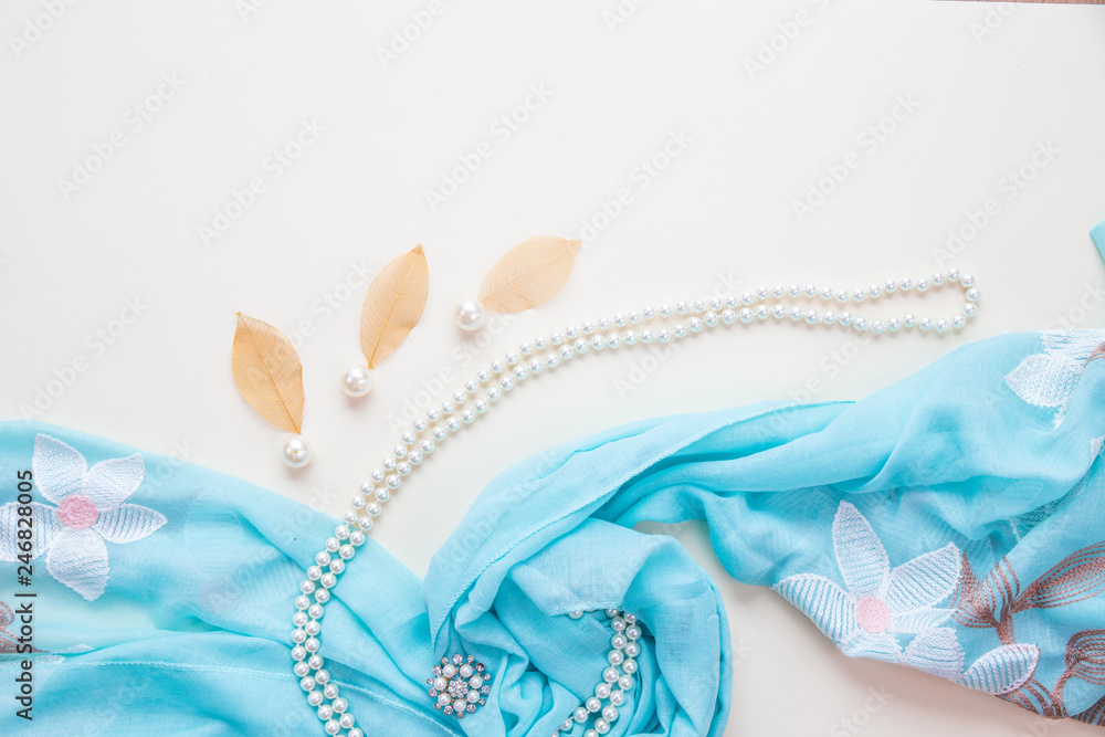 Top view Blue fabric fashion and pearl Top view Blue fabric fashion and pearl