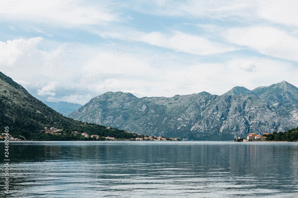 Beautiful view of the beautiful natural landscape and the city in Montenegro located next to the sea and mountains.