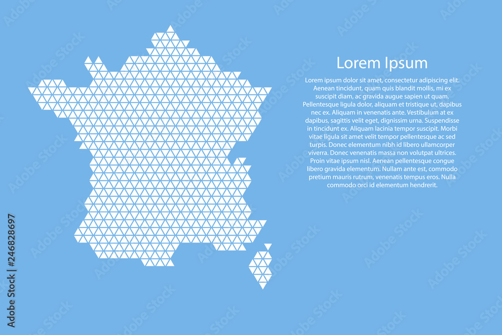 France map abstract schematic from red triangles repeating pattern geometric background with nodes for banner, poster, greeting card. Vector illustration.
