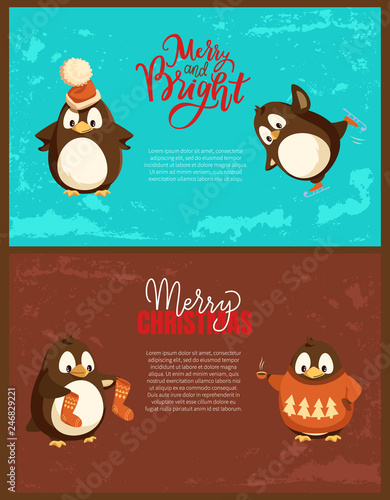 Merry Christmas penguin wearing hats and sweaters with pine tree print vector. Animal drinking tea, cup with hot beverage, knitted socks accessories