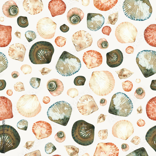 Vector seamless sea shells pattern with seashells different in shape and color, painted in watercolor in doodle style on a light background.