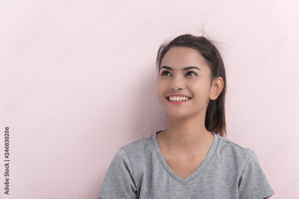 Emotion woman in gray pajamus t-shirt in bed room at home. Emotion woman in gray pajamus t-shirt in bed room at home.