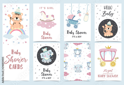 Pink blue baby shower invitation with carriage,star,elephant,bottle,tiger,milk and cloud