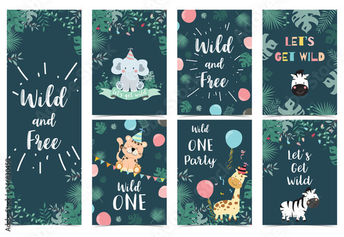 Green birthday card with tiger,monkey, giraffe, zebra,cake,leaf and balloon