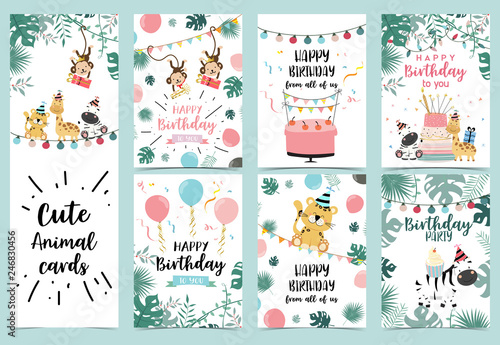Green birthday card with tiger,monkey, giraffe, zebra,cake,light and balloon