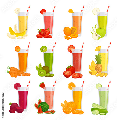 A set of glasses with juice, fruits and vegetables. Various smoothies. Illustration in cartoon style. Vector drinks.