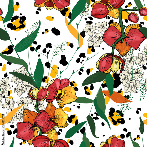 Safari Africa design of leopard and tiger, snake and zebra. Vector. Modern Animal Skin prints flower Hand Drawn seamless pattern.