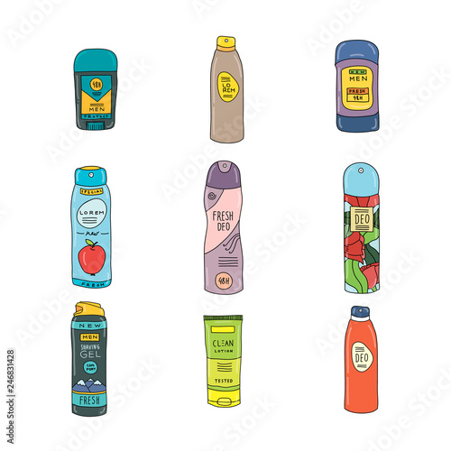 Hand drawn colorful vector illustration of deodorants for men and woman for body care. Cleaning mask for face. Antiperspirant.
