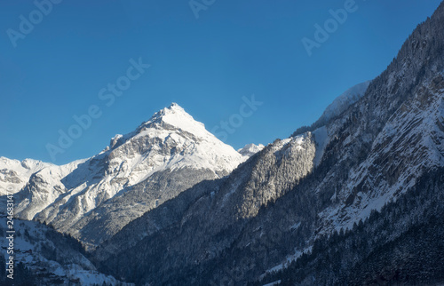 Snow-capped Mountain with Forest and Blue Sky in a Sunny Day in Switzerland. © Mats Silvan