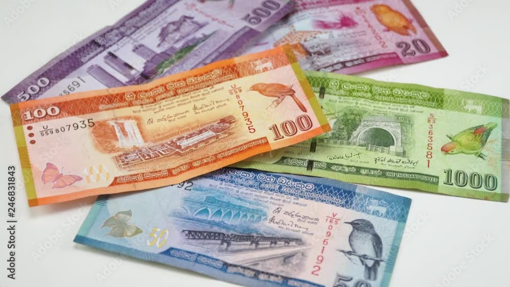Sri Lankan money. White background on the desk. 4K Sri Lankan money. White background on the desk. 4K