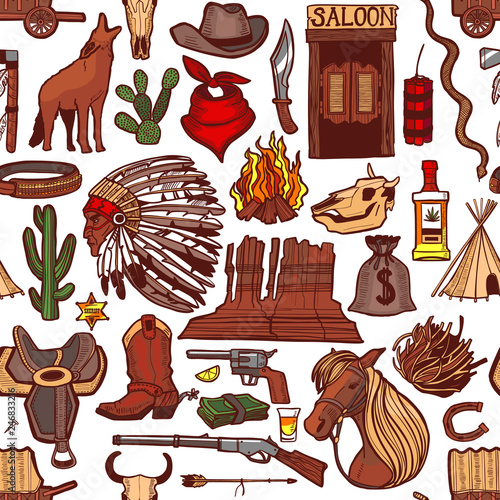 Colored Wild West Pattern in Hand-Drawn Style