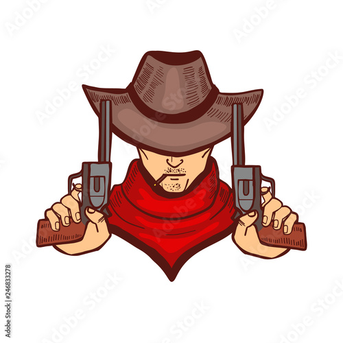 Cowboy Holding Pistols in Hand Drawn Style