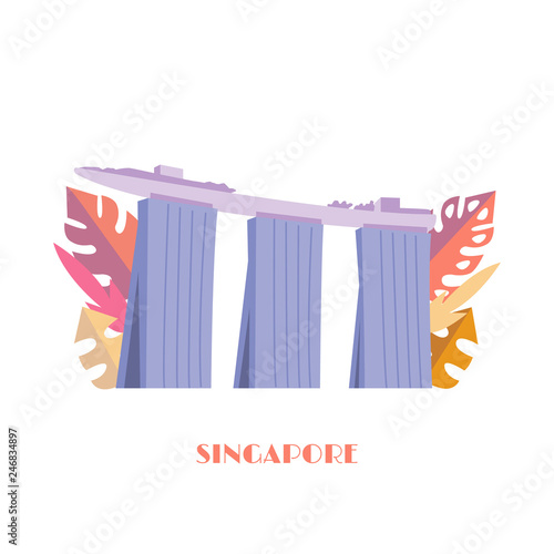 Singapore famous hotel with tropical leaves isolated on white background. Marina Bay Sands building vector illustration. Singapore landmark.