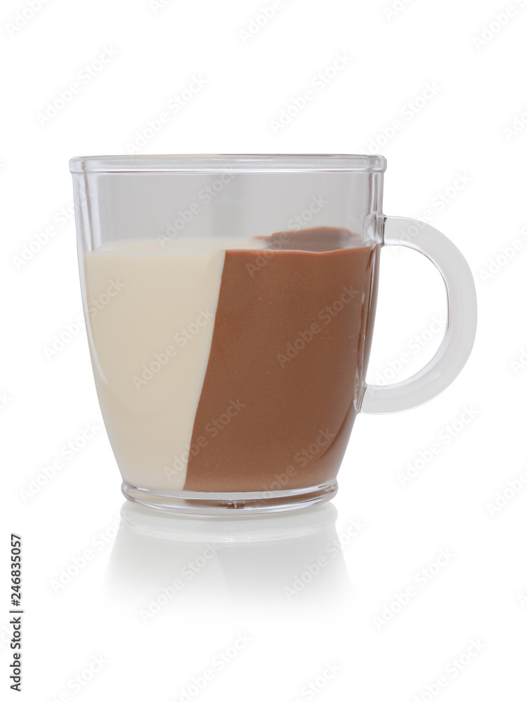 glass jar of chocolate paste of dark and light colors on a white background glass jar of chocolate paste of dark and light colors on a white background