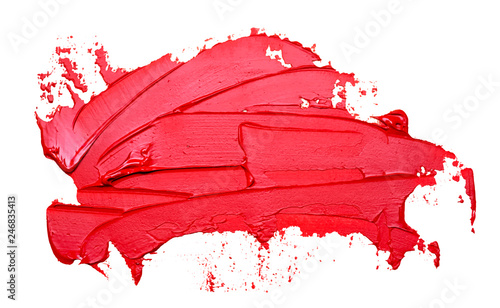 Template for your banner text - textured red oil paint brush stroke, isolated on white background. Red lipstick sample.  EPS10 vector illustration.
