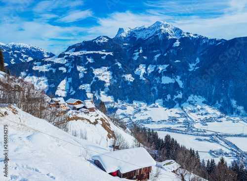 Winter view with ski huts in the Zillertal Tyrol © Max Topchii