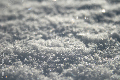 Snow surface close up, winter background with snowflakes at sunset