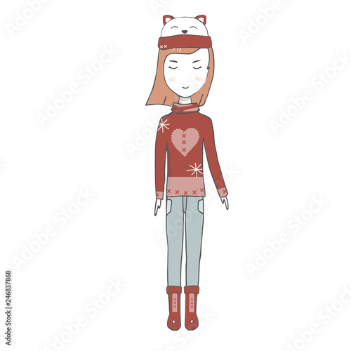 A girl in a jacket hat female redheaded long hair family person school friend student winter sea travel blond woman autumn character drawing full-length pigtails print geometric on white background