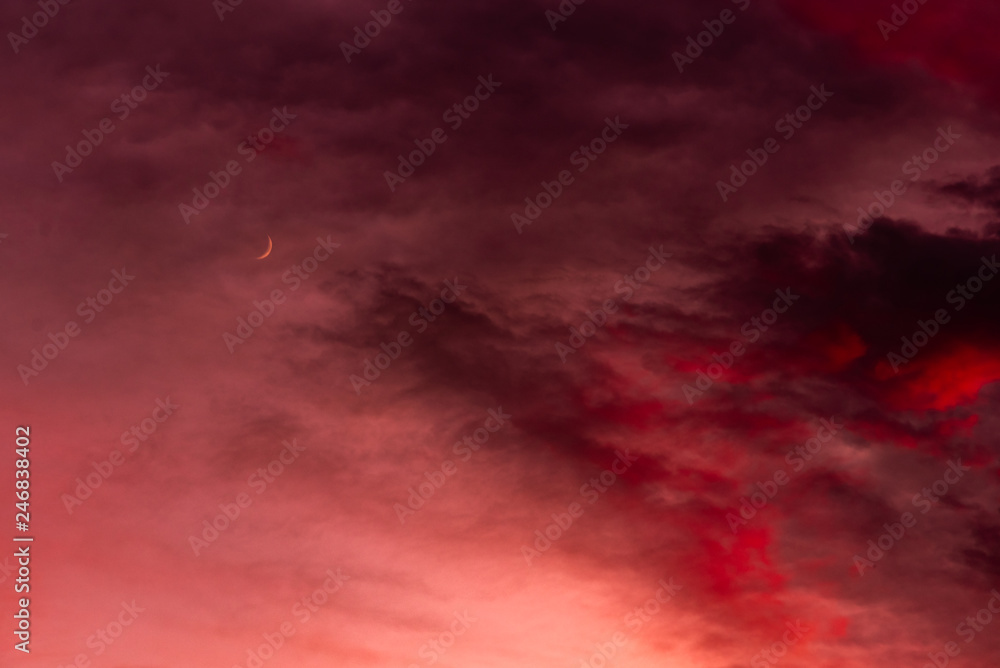 Obraz premium Sunset over forest with dramatic sky with moon