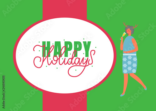 Happy holidays poster, woman in skirt with flowers and blouse, drinking elite champagne vector cartoon character. Female with deer horns accessory, vector