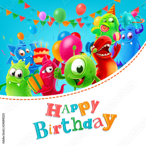 happy birthday illustration with cute monster